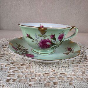 Vintage Napco Japan Handpainted Porcelain Tea Cup & Saucer Set With Gold Trim &